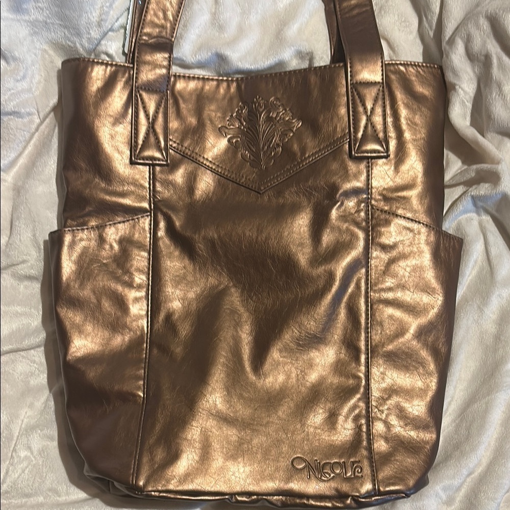 NICOLE RICHIE COLLECTION BRONZE FAUX  SOFT LEATHER TRAVEL TOTE 2 SIDE POCKETS - Picture 2 of 11